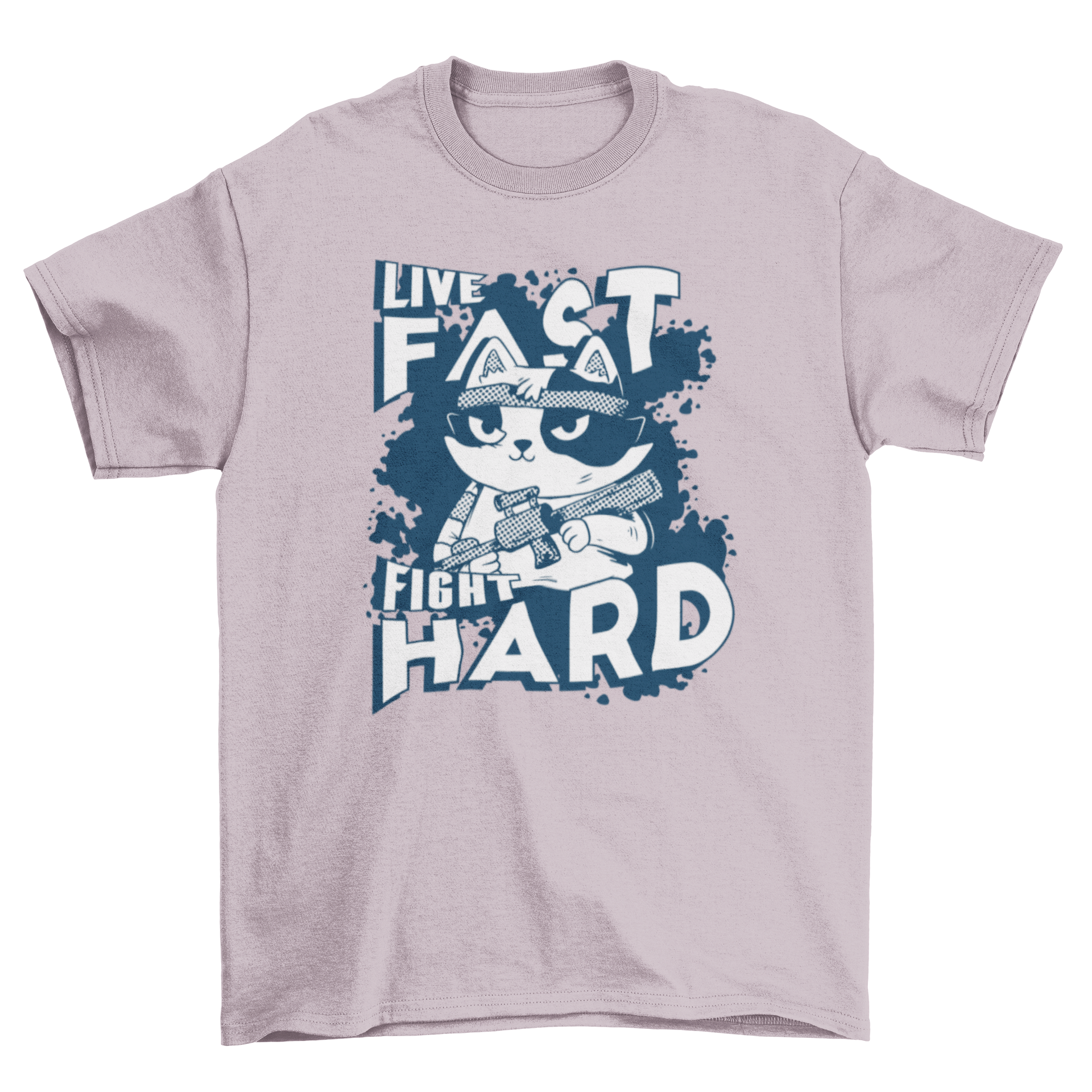 A vibrant cartoon cat holding a gun with the quote 'Live fast, fight hard' on a stylish t-shirt.