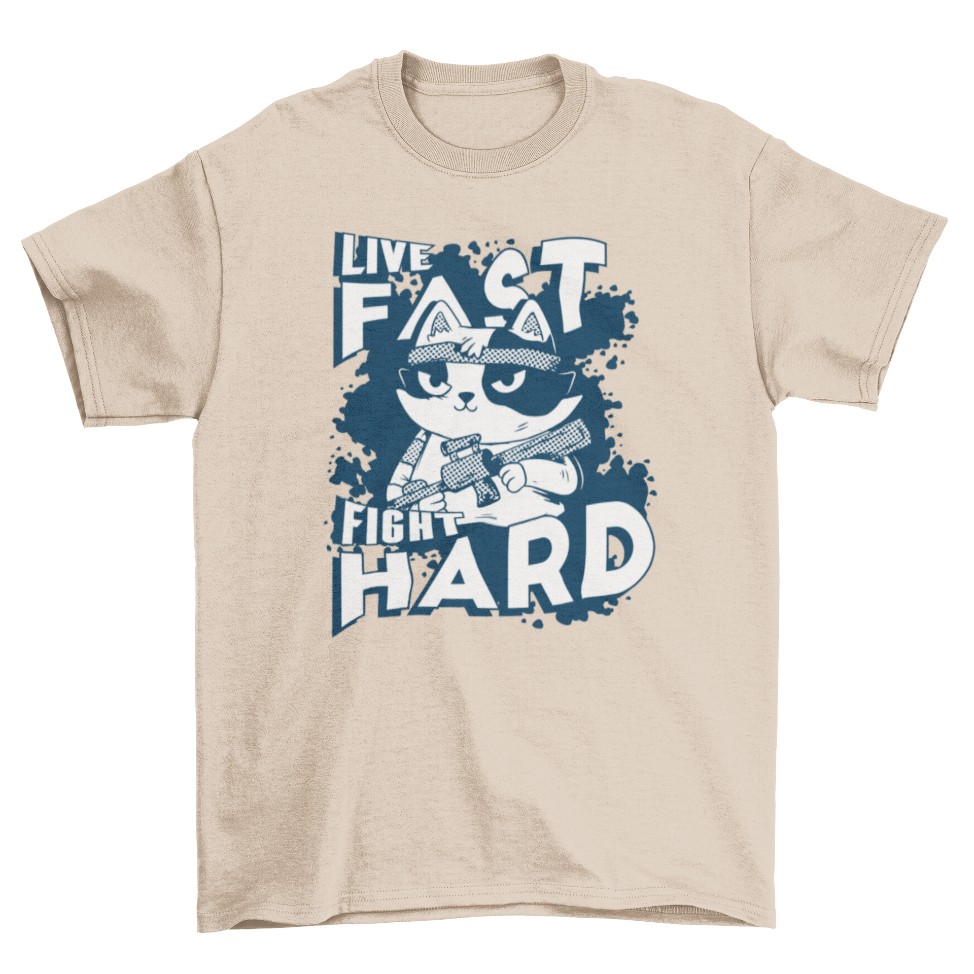 A vibrant cartoon cat holding a gun with the quote 'Live fast, fight hard' on a stylish t-shirt.