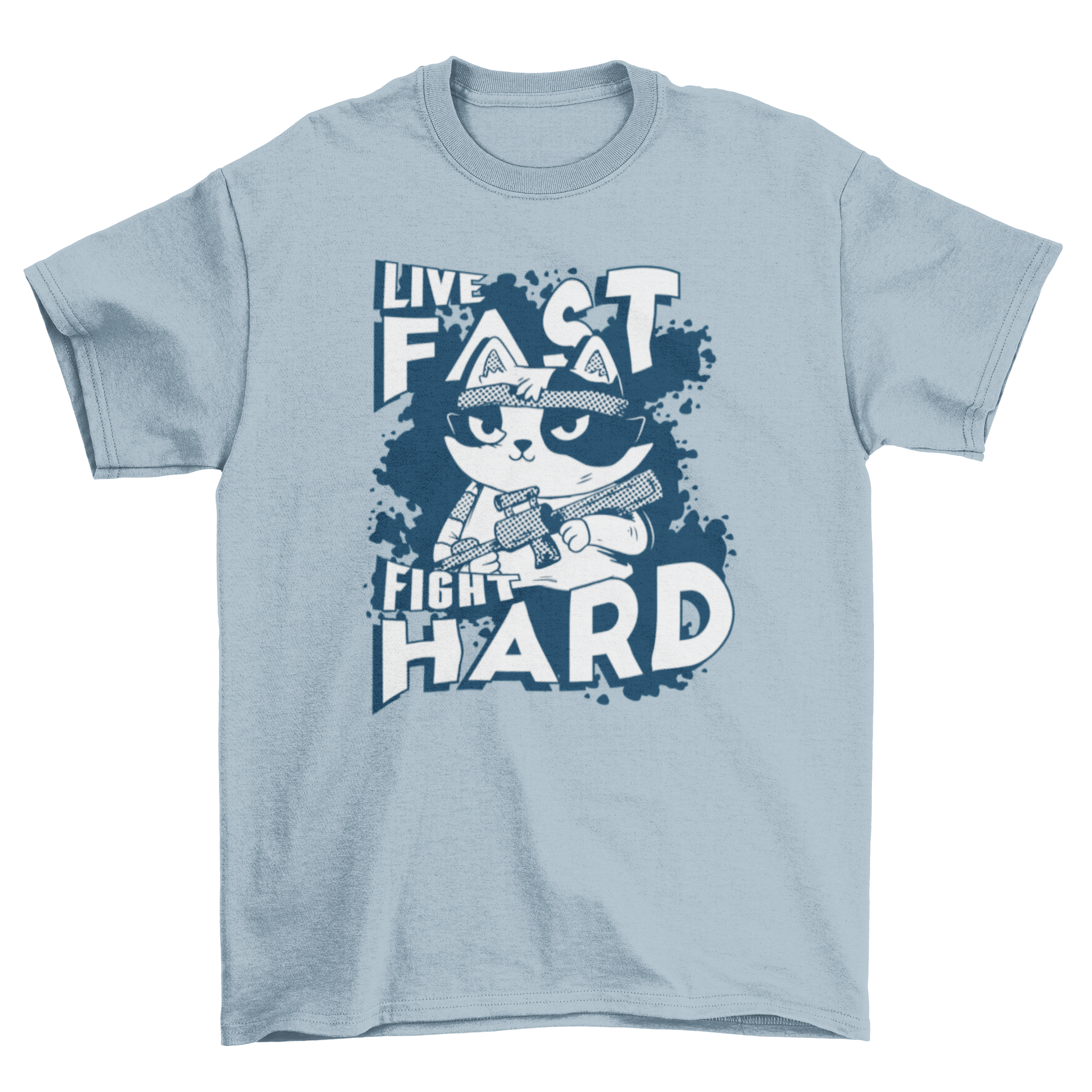 A vibrant cartoon cat holding a gun with the quote 'Live fast, fight hard' on a stylish t-shirt.