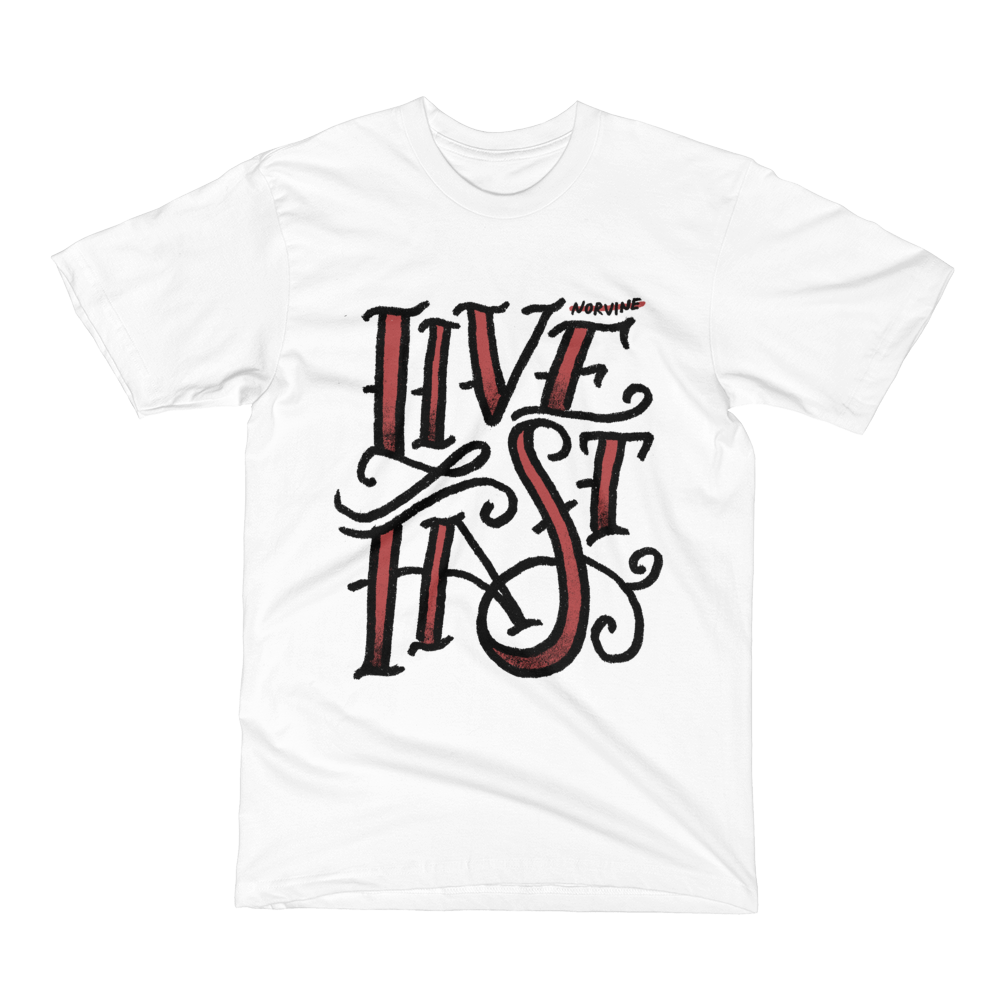 A premium white t-shirt featuring the Norvine logo on the back, made from 100% combed cotton with a slim fit design.