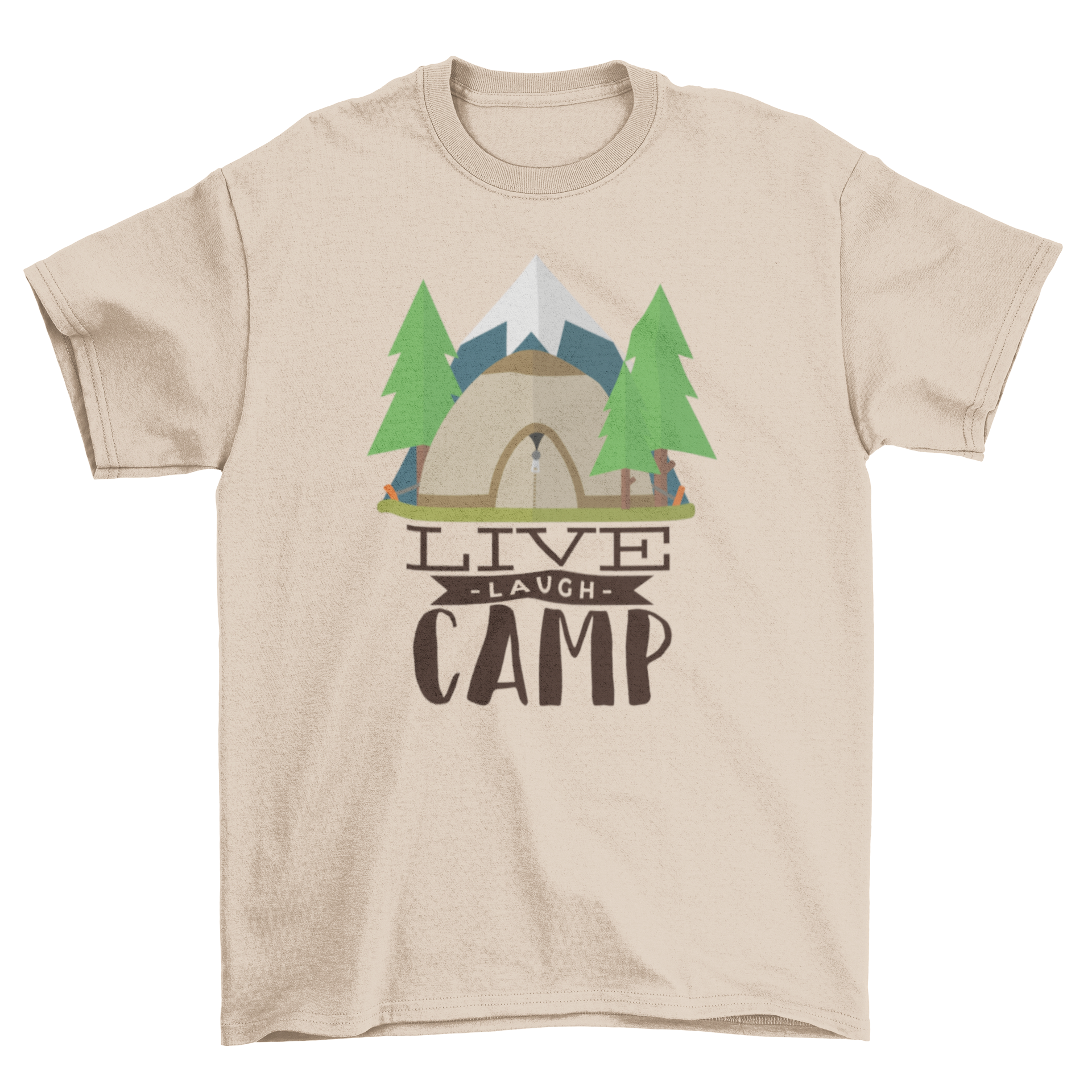 Live Laugh Camp T-Shirt featuring a camping tent in a snowy forest, perfect for outdoor enthusiasts.