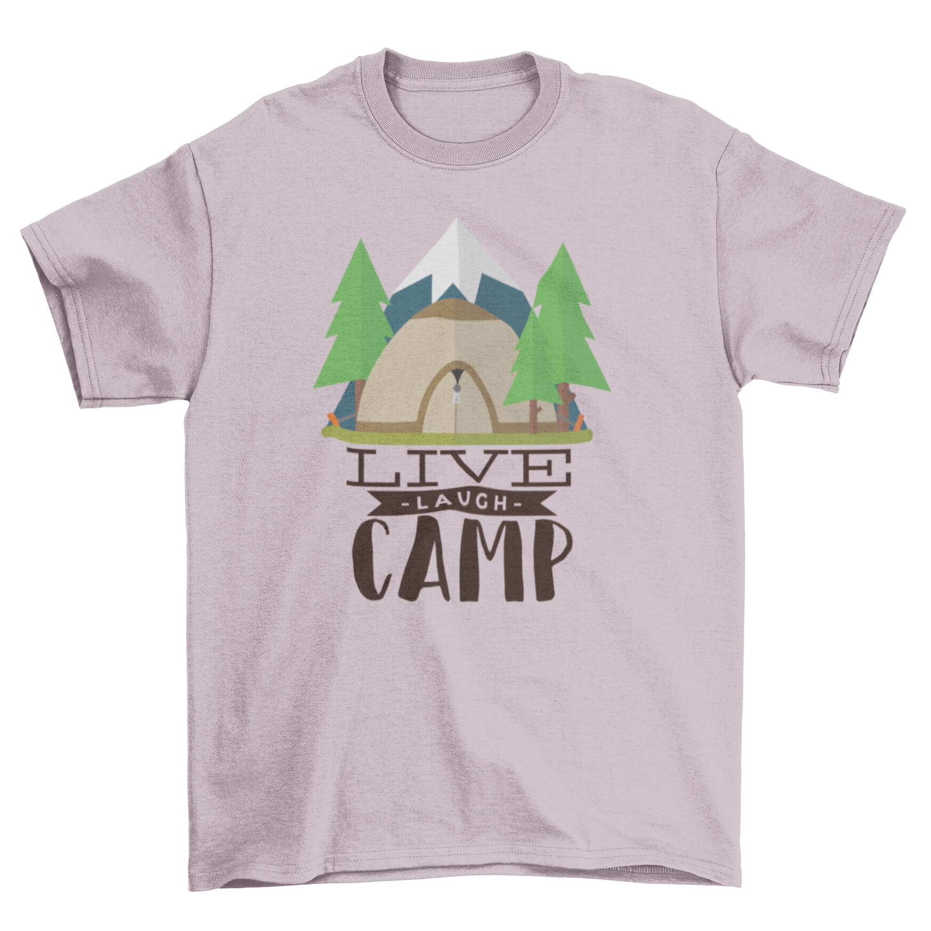 Live Laugh Camp T-Shirt featuring a camping tent in a snowy forest, perfect for outdoor enthusiasts.