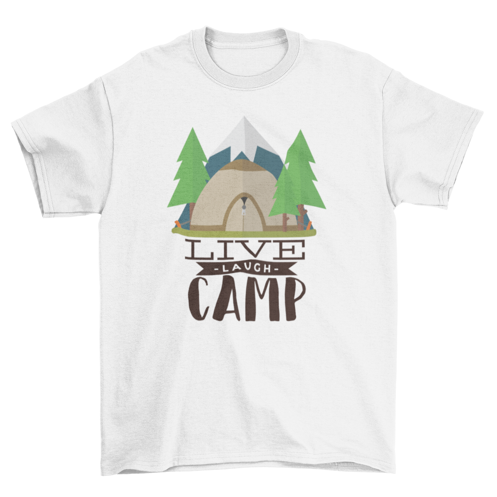 Live Laugh Camp T-Shirt featuring a camping tent in a snowy forest, perfect for outdoor enthusiasts.