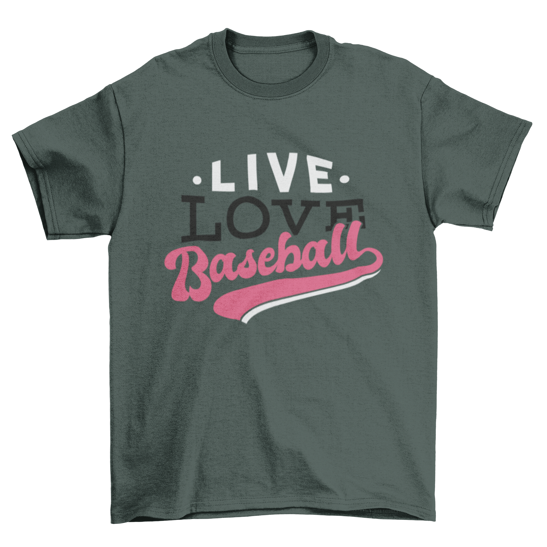 Live Love Baseball T-shirt featuring vibrant lettering in various font styles and colors, perfect for baseball enthusiasts.