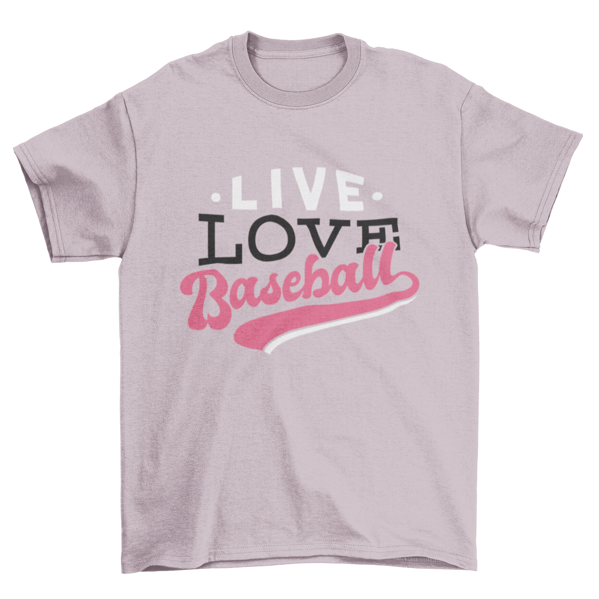 Live Love Baseball T-shirt featuring vibrant lettering in various font styles and colors, perfect for baseball enthusiasts.