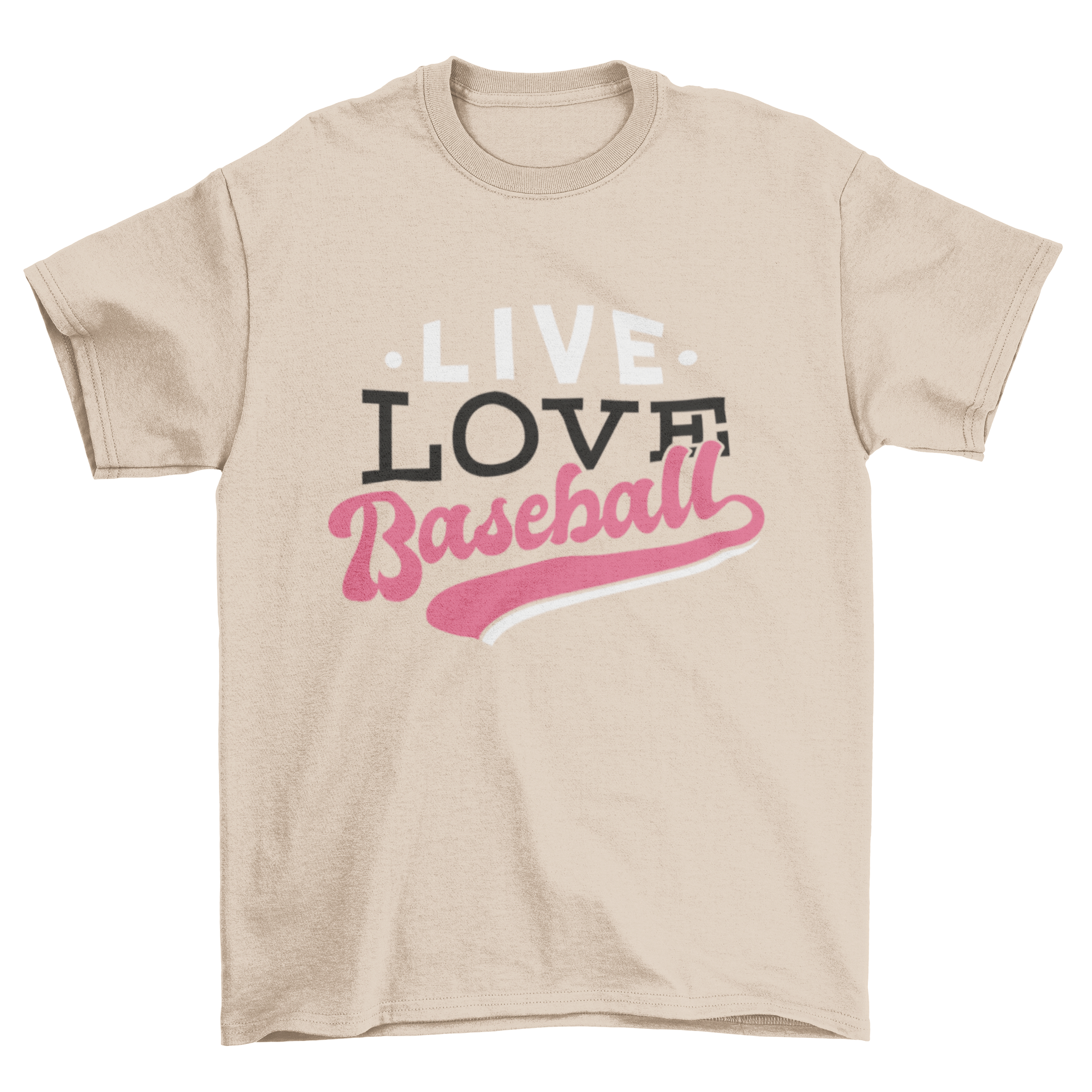 Live Love Baseball T-shirt featuring vibrant lettering in various font styles and colors, perfect for baseball enthusiasts.