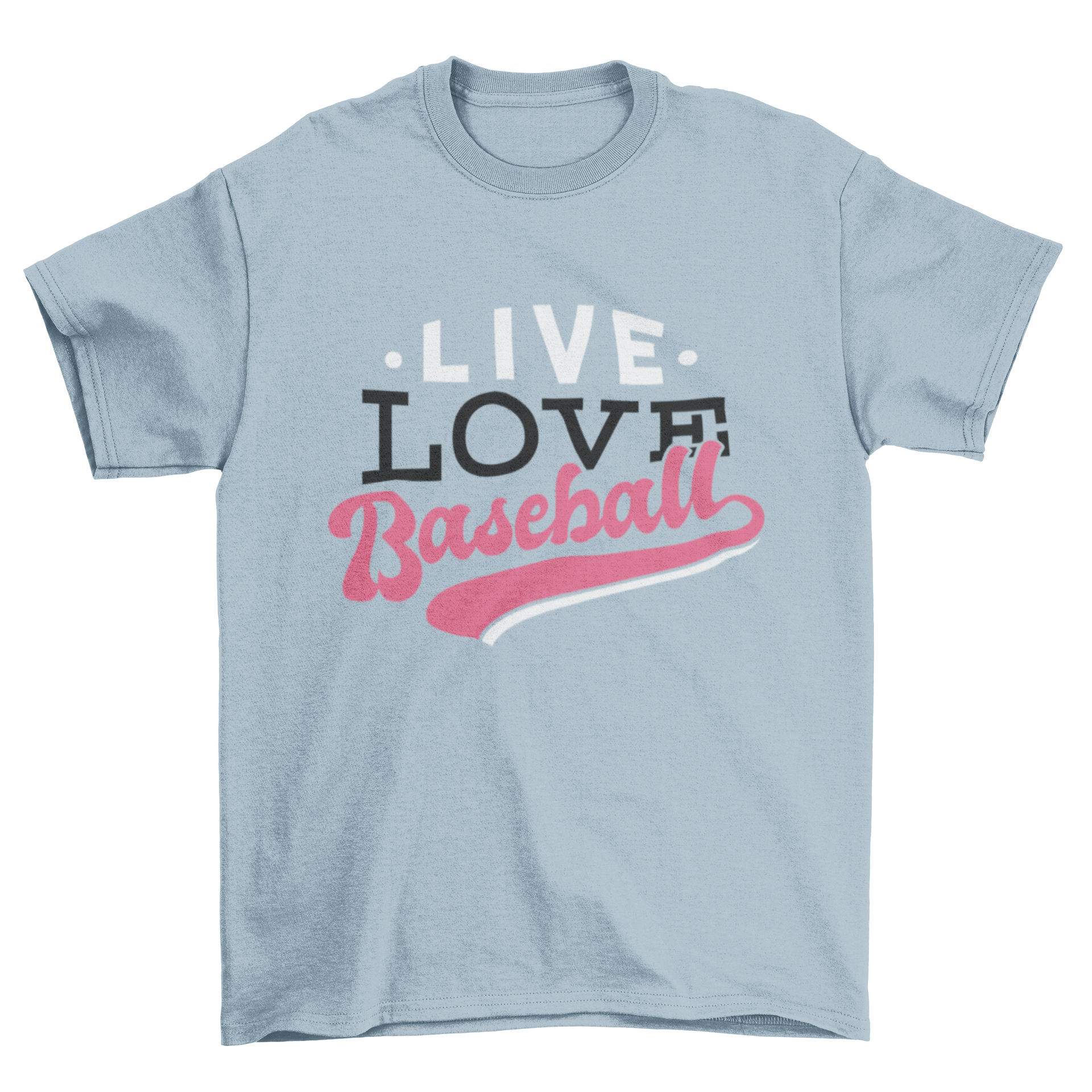 Live Love Baseball T-shirt featuring vibrant lettering in various font styles and colors, perfect for baseball enthusiasts.