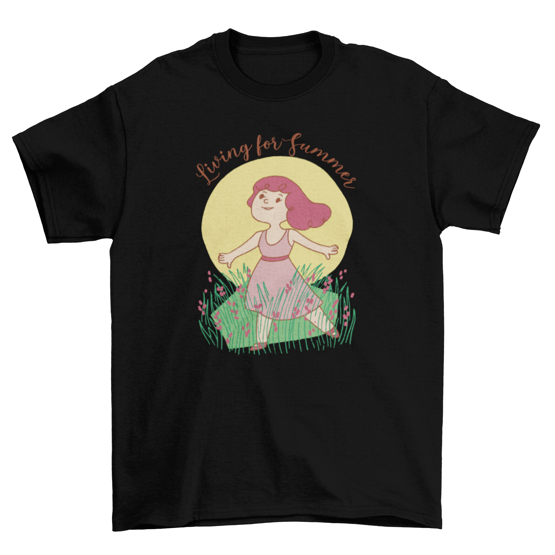 Children's t-shirt featuring a girl in grass with 'Living for Summer' quote.