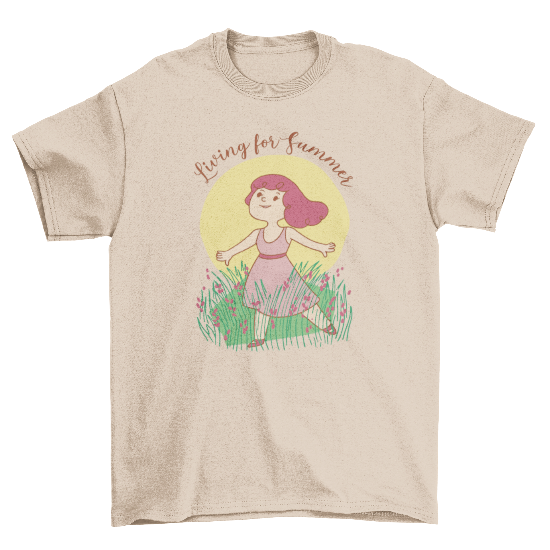 Children's t-shirt featuring a girl in grass with 'Living for Summer' quote.