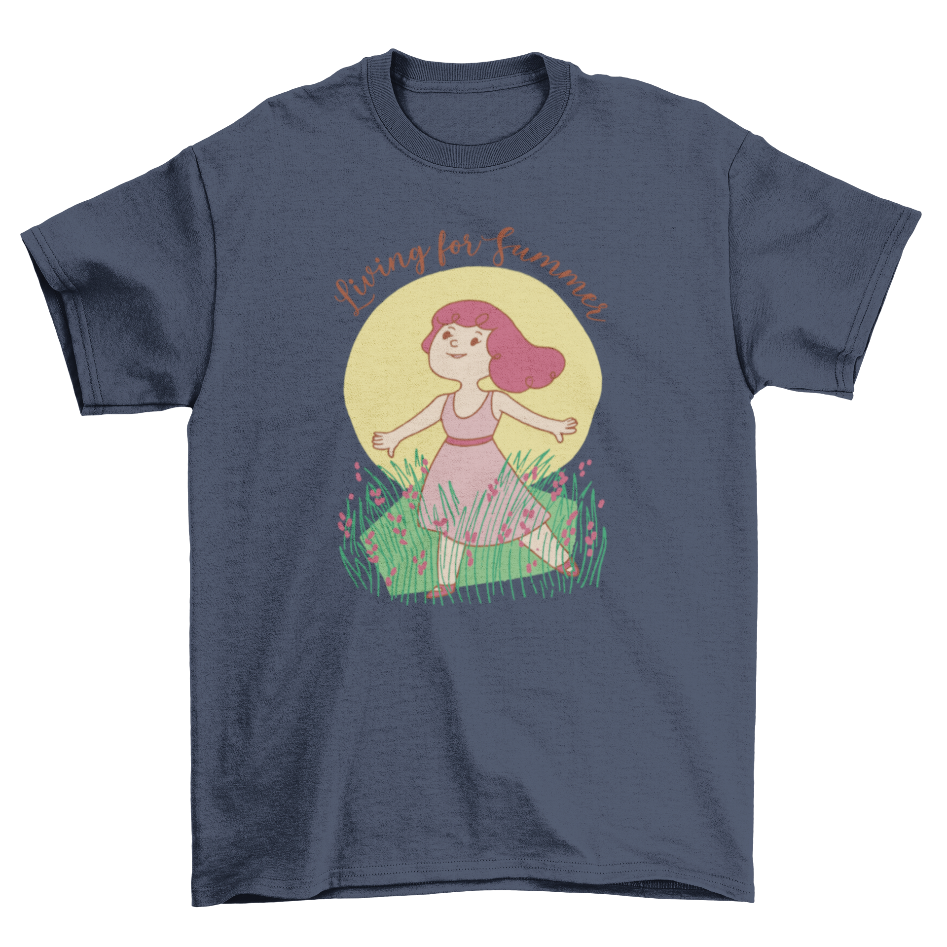 Children's t-shirt featuring a girl in grass with 'Living for Summer' quote.