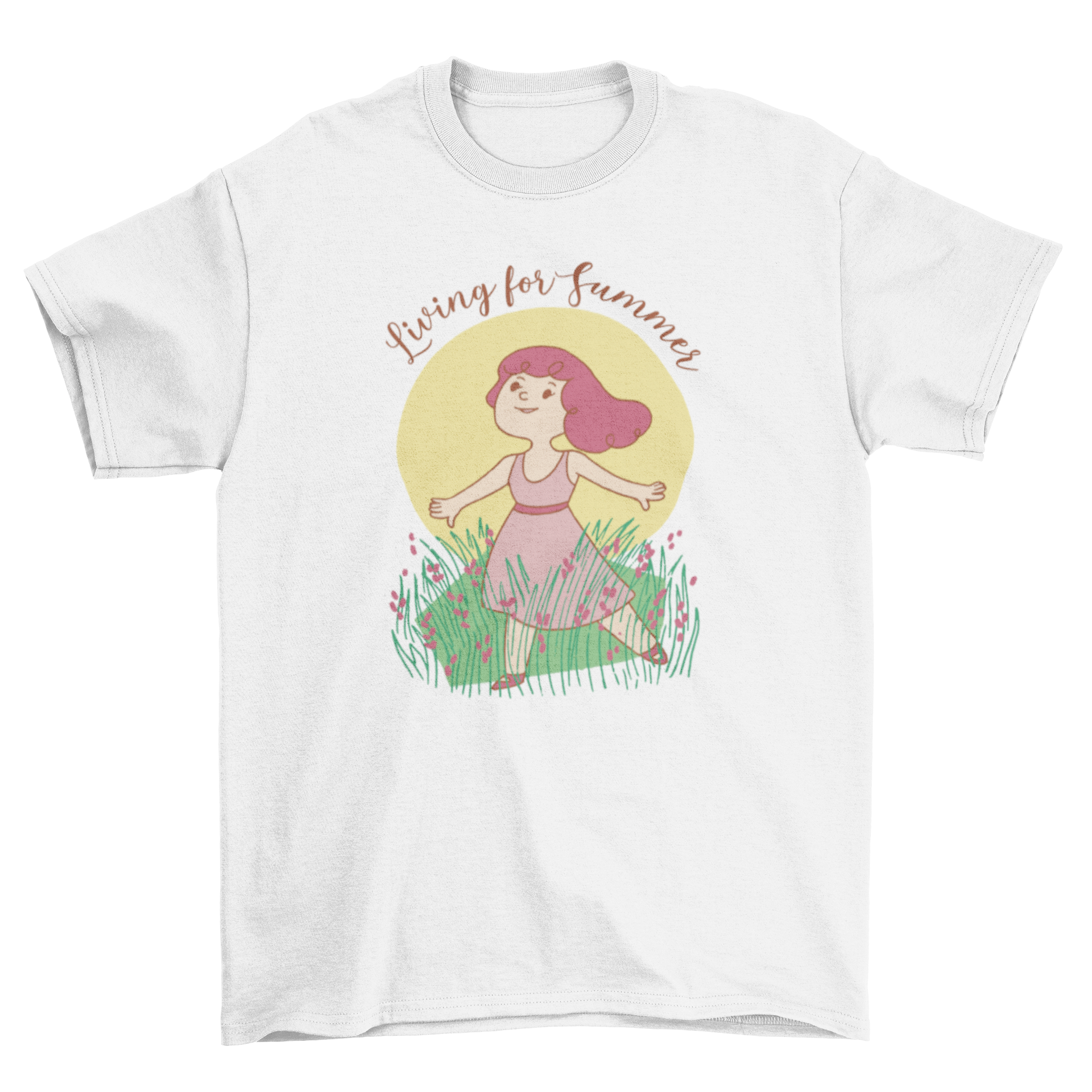 Children's t-shirt featuring a girl in grass with 'Living for Summer' quote.