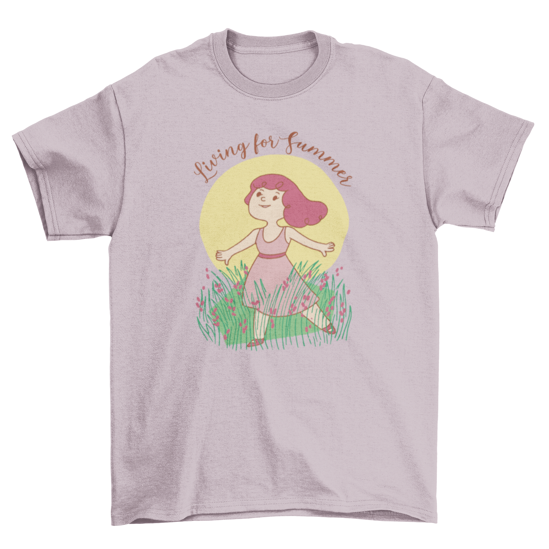 Children's t-shirt featuring a girl in grass with 'Living for Summer' quote.