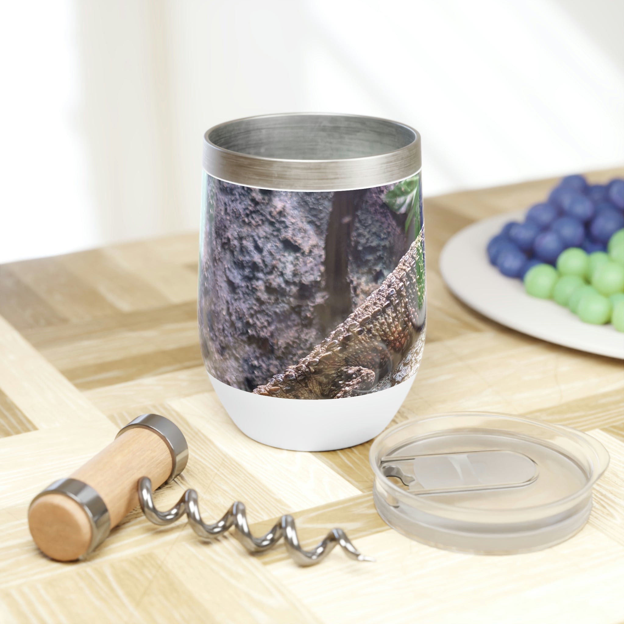 Lizard Chill Wine Tumbler showcasing its sleek stainless steel design and double-insulated walls, perfect for keeping beverages at the ideal temperature.