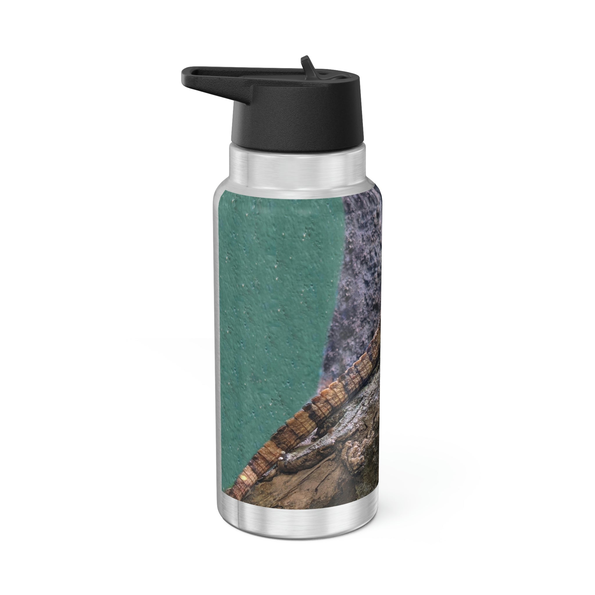 Lizard Gator Tumbler in stainless steel with a black screw-on cap and a plastic straw, showcasing a customizable design.