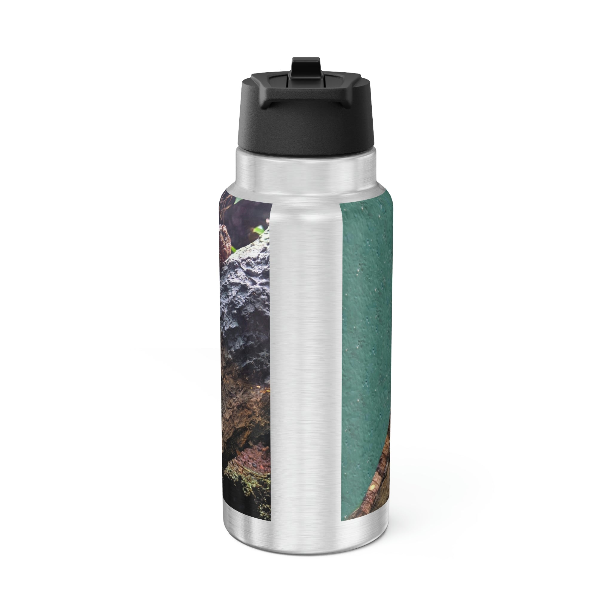 Lizard Gator Tumbler in stainless steel with a black screw-on cap and a plastic straw, showcasing a customizable design.