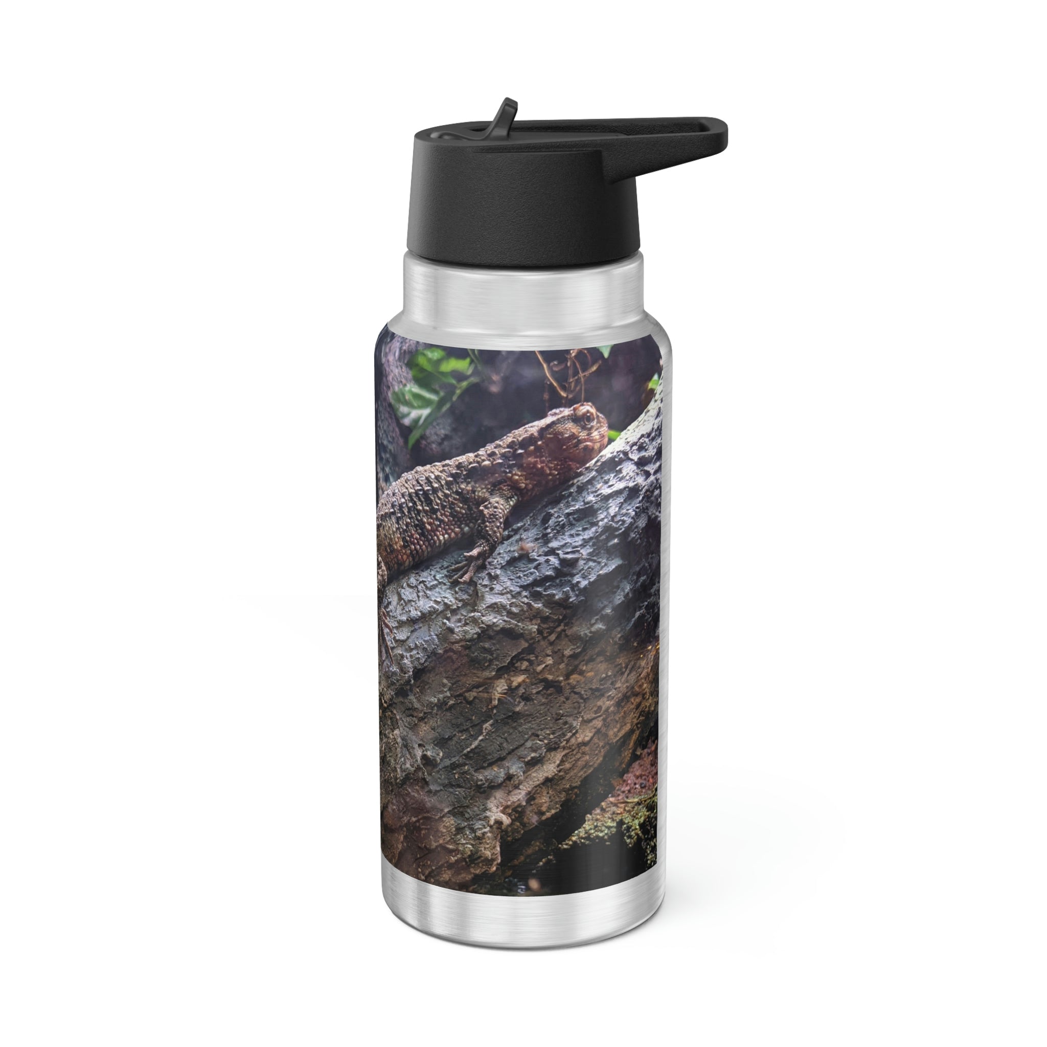 Lizard Gator Tumbler in stainless steel with a black screw-on cap and a plastic straw, showcasing a customizable design.