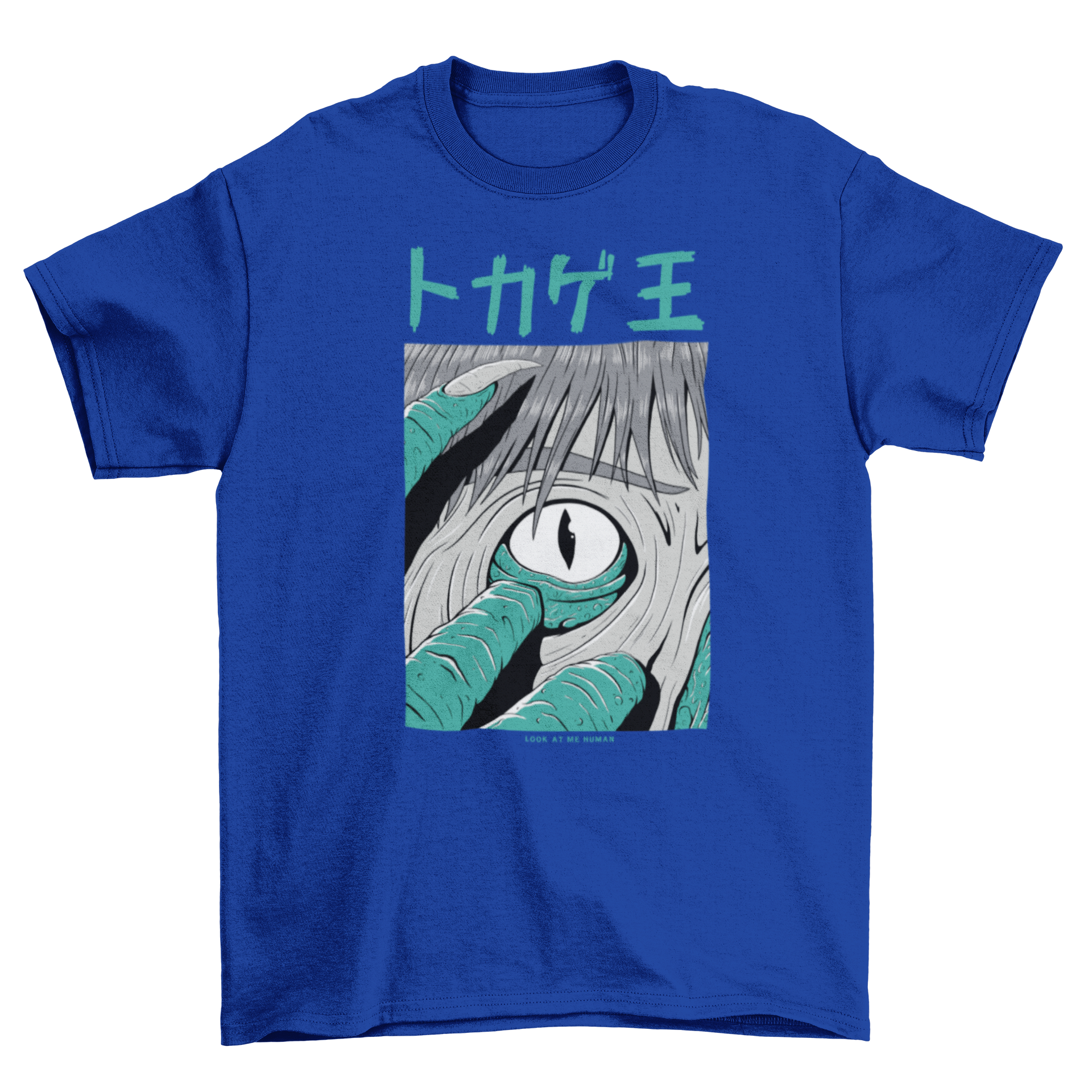 Blue anime-themed graphic T-shirt.