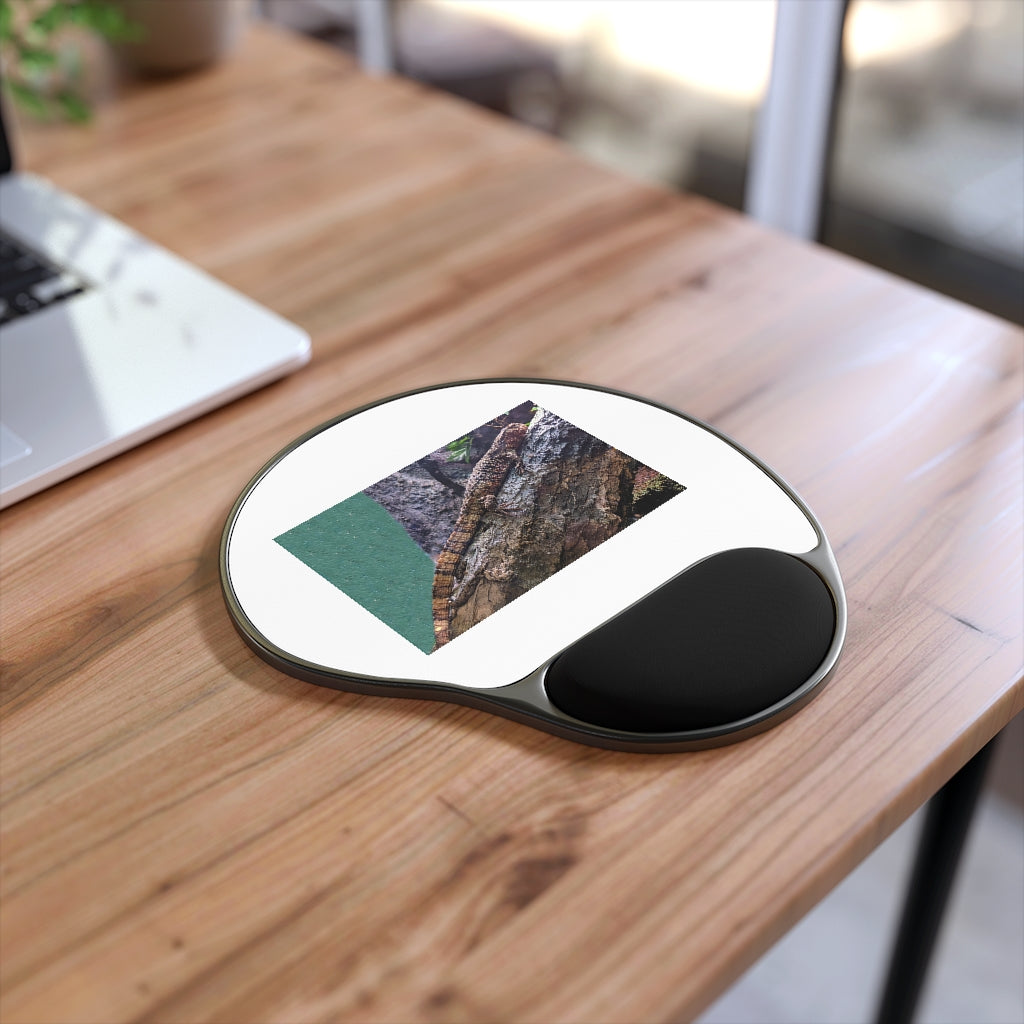 Lizard Mouse Pad with ergonomic Memory Foam wrist rest, featuring a custom-printed neoprene insert and a foot-shaped black plastic base.