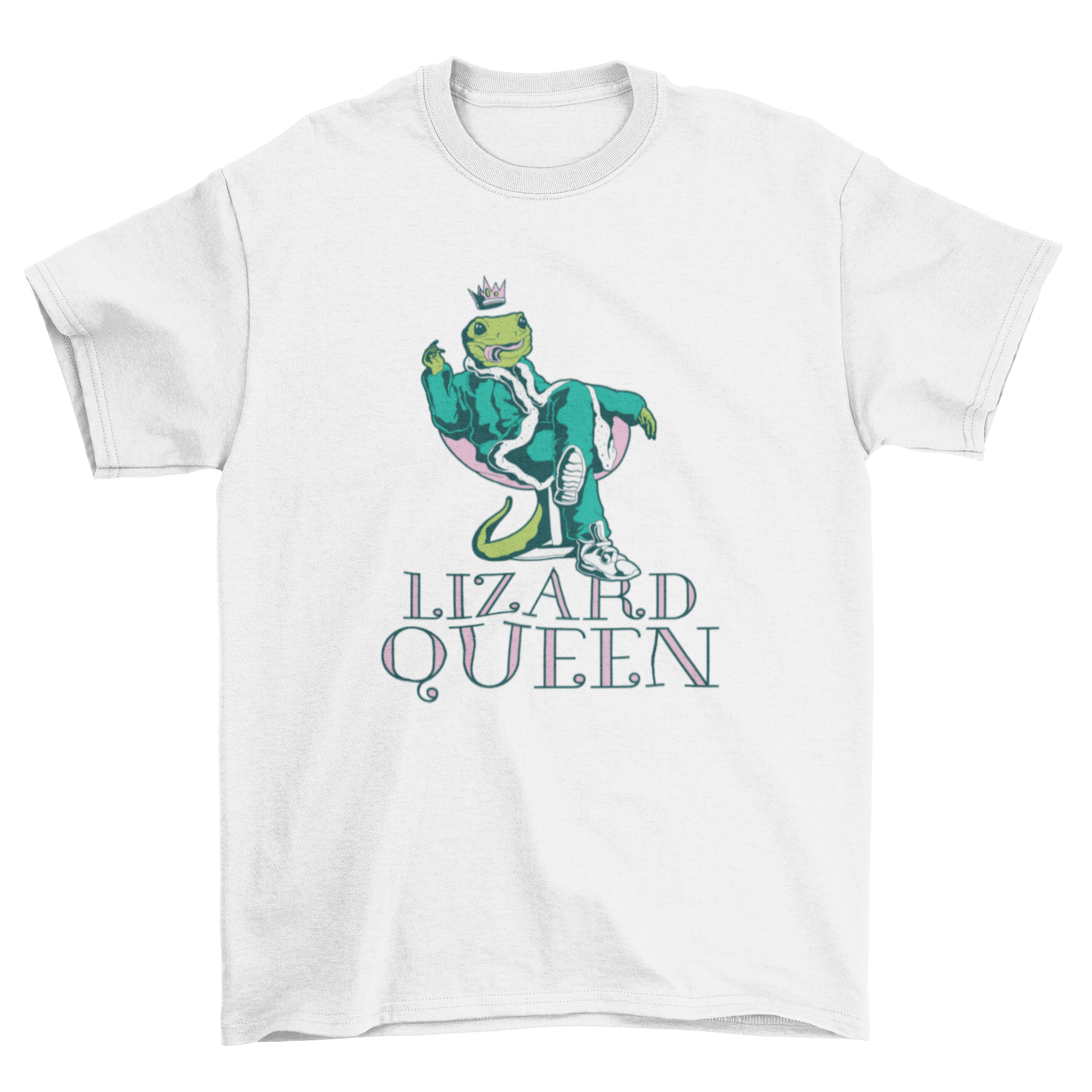 Lizard Queen t-shirt featuring a lizard in royal attire with a crown and the quote 'Lizard Queen'.