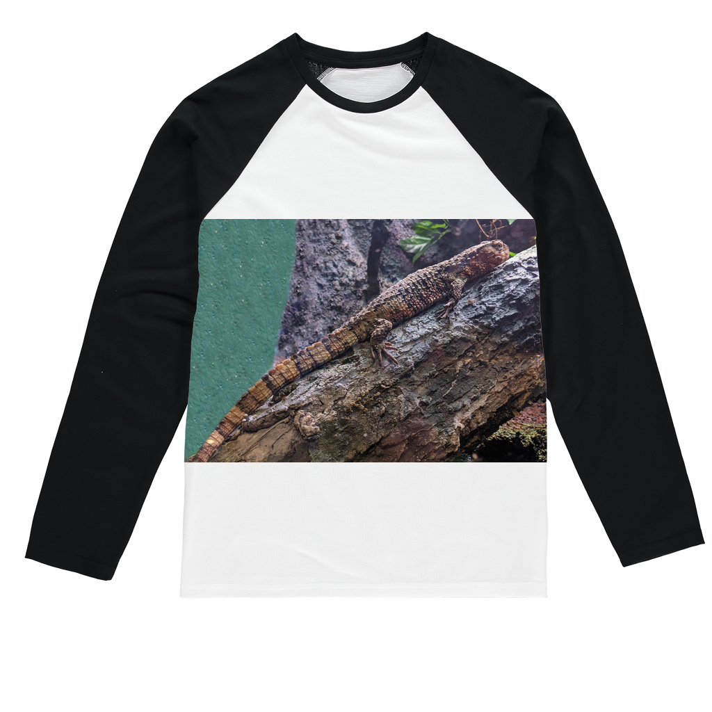 Lizard Sublimation Baseball Long Sleeve T-Shirt featuring vibrant colors and a stylish design, perfect for sublimation printing.