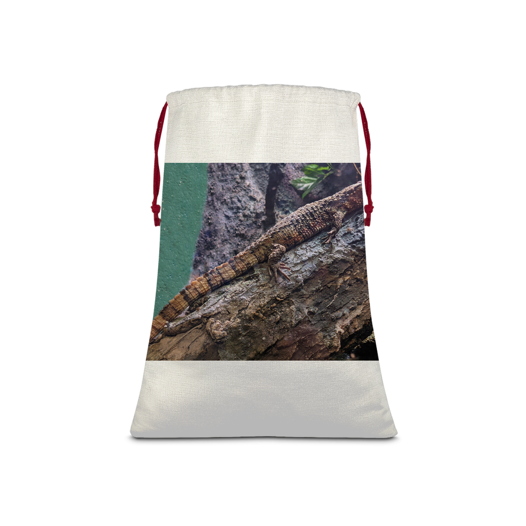 Lizard Sublimation Linen Drawstring Sack with red drawstring, showcasing its linen effect and eco-friendly print.