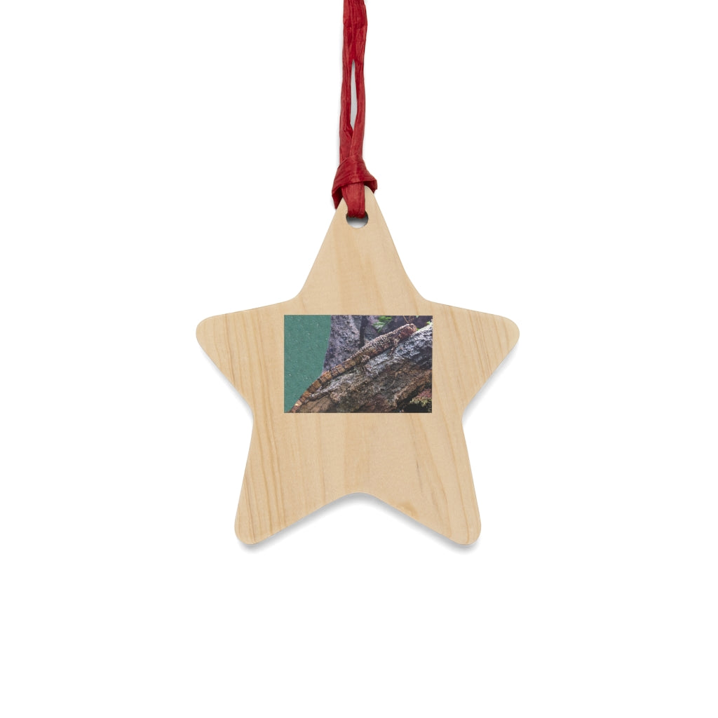 Lizard Wooden Christmas Ornaments in various whimsical shapes, featuring a rustic wooden finish and red hanging ribbons.