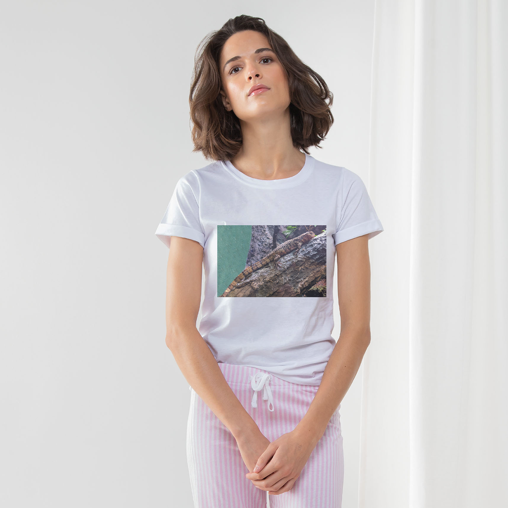 Lizard Women's Long Pant Pyjama Set featuring a white t-shirt with turn-up cuffs, striped pants, and a matching drawcord bag.