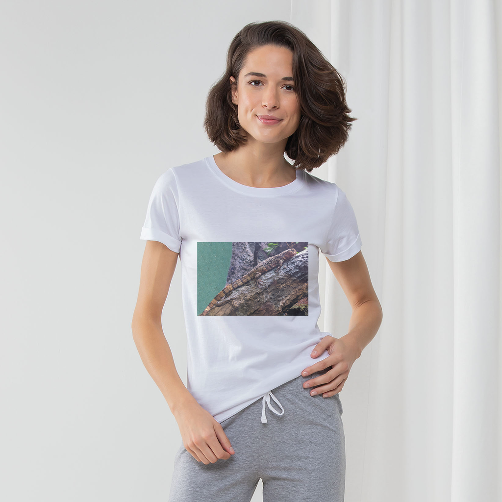 Lizard Women's Long Pant Pyjama Set featuring a white t-shirt with turn-up cuffs, striped pants, and a matching drawcord bag.