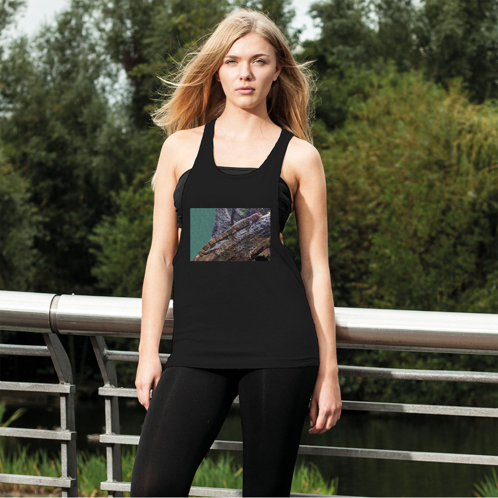 Lizard Women's Loose Racerback Tank Top in light grey, featuring a wide crew neck and extra-deep armholes for a trendy gym look.