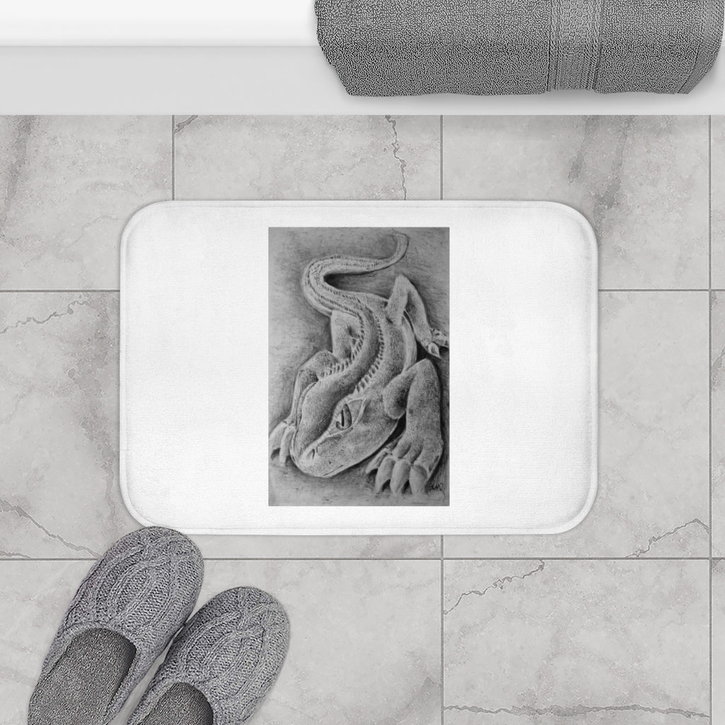 Lizzy the Lizard Bath Mat featuring a colorful lizard design with anti-slip backing, made of soft microfiber material.