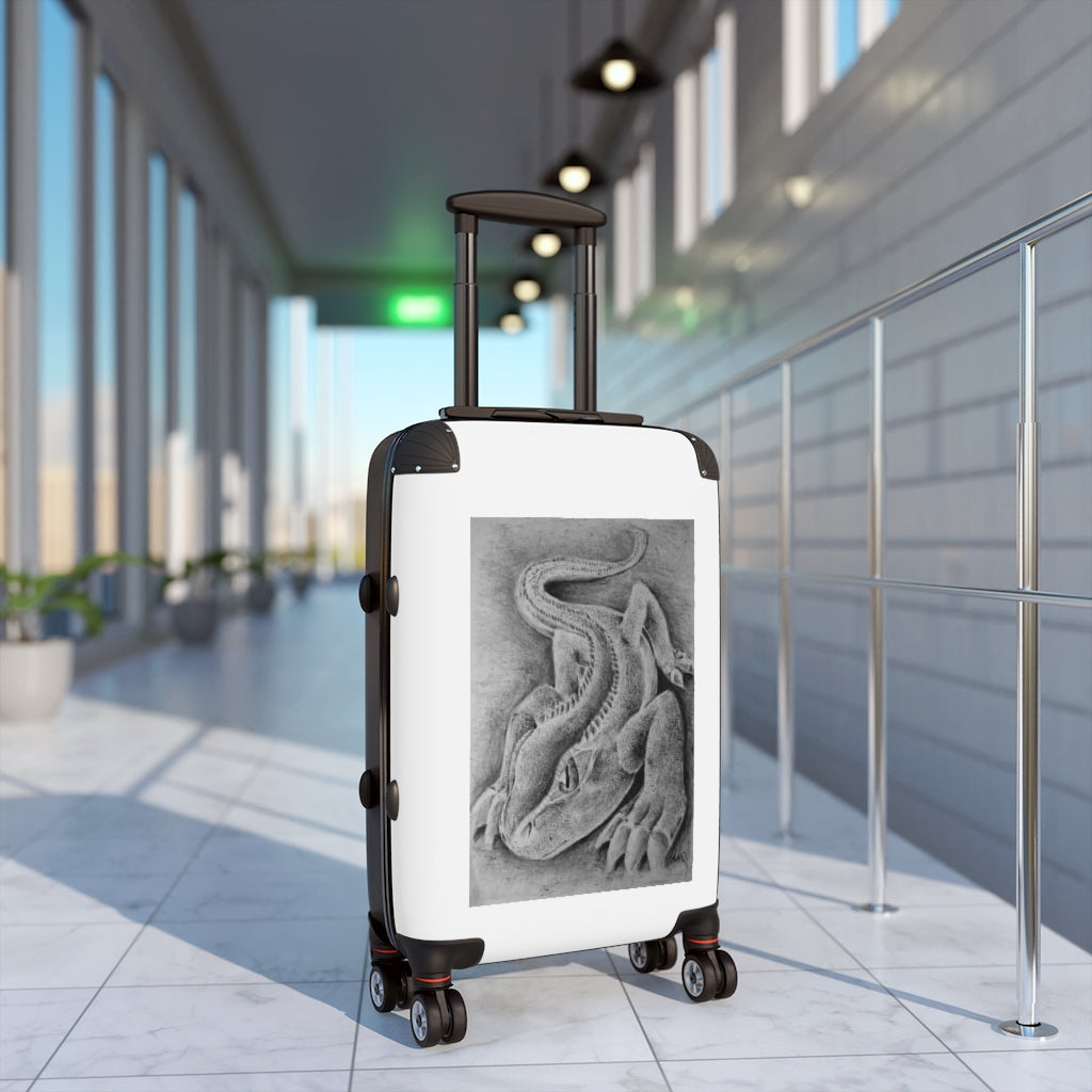 Lizzy the Lizard Cabin Suitcase in faux leather with adjustable handle and wheels, showcasing personalized artwork.