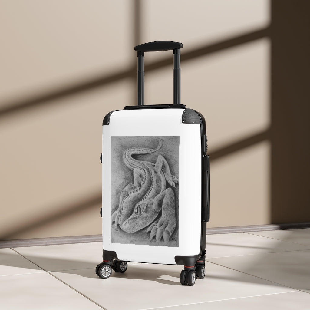 Lizzy the Lizard Cabin Suitcase in faux leather with adjustable handle and wheels, showcasing personalized artwork.