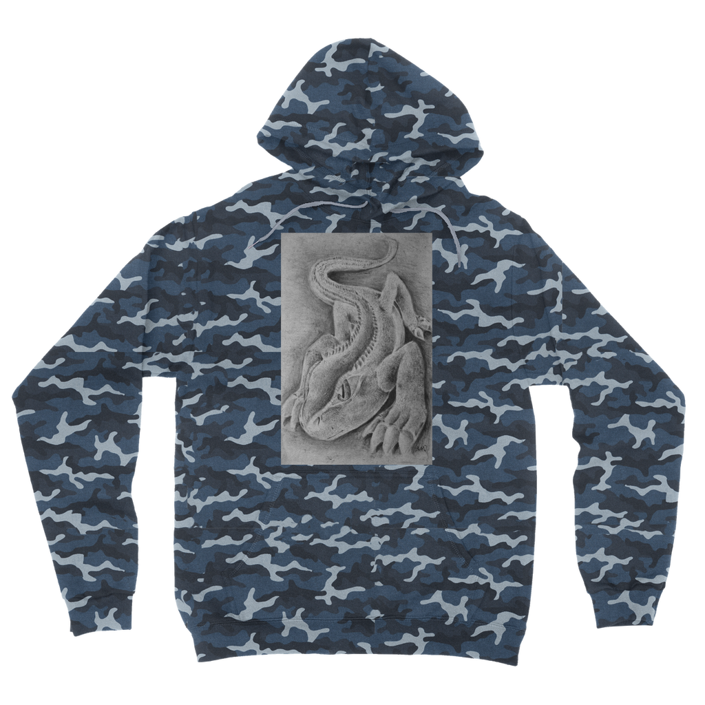 Lizzy the Lizard Camouflage Adult Hoodie featuring a stylish camo design, double fabric hood, and kangaroo pouch pocket.