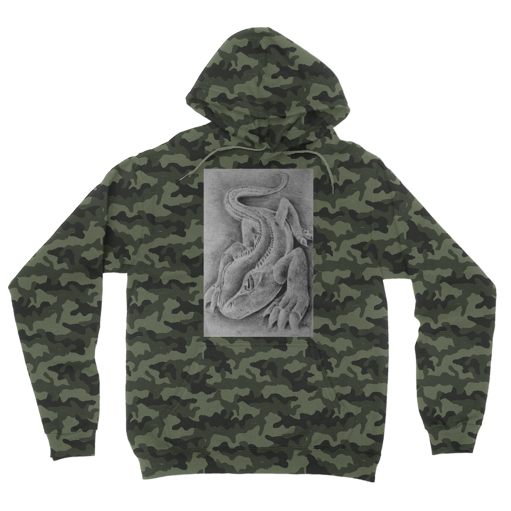 Lizzy the Lizard Camouflage Adult Hoodie featuring a stylish camo design, double fabric hood, and kangaroo pouch pocket.