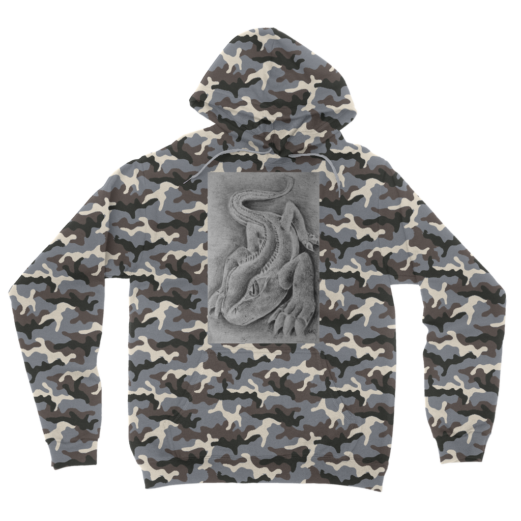 Lizzy the Lizard Camouflage Adult Hoodie featuring a stylish camo design, double fabric hood, and kangaroo pouch pocket.