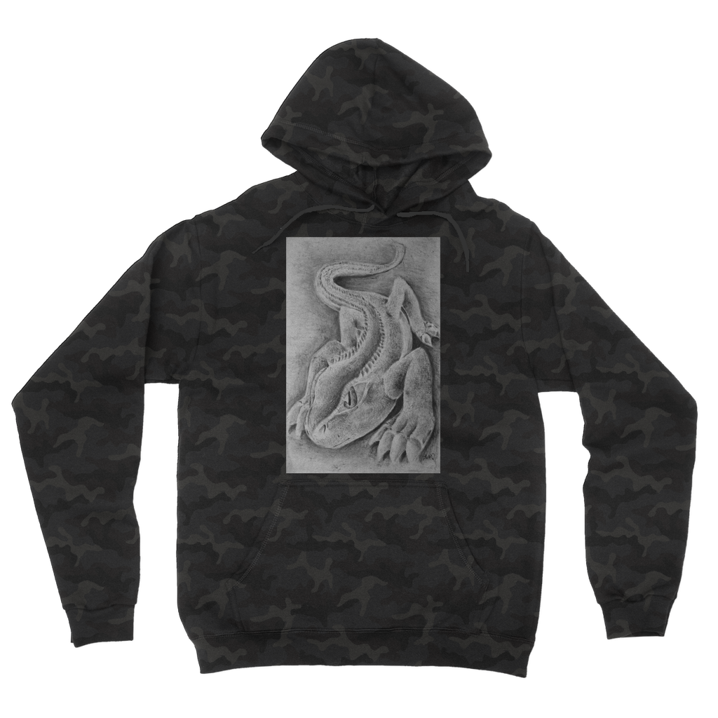 Lizzy the Lizard Camouflage Adult Hoodie featuring a stylish camo design, double fabric hood, and kangaroo pouch pocket.