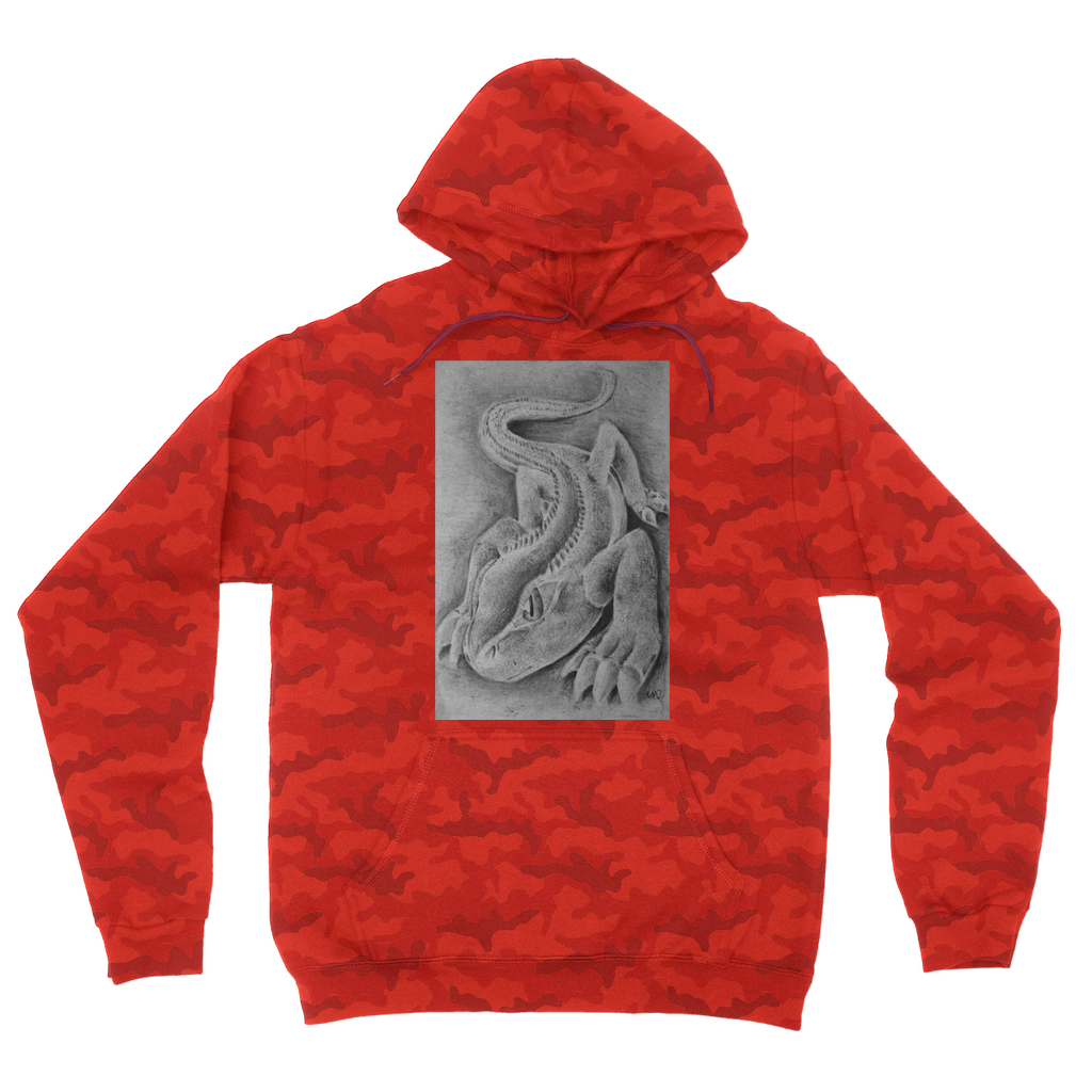 Lizzy the Lizard Camouflage Adult Hoodie featuring a stylish camo design, double fabric hood, and kangaroo pouch pocket.