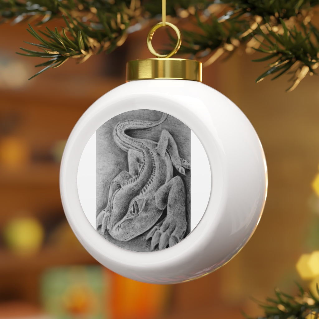 Lizzy the Lizard Christmas Ball Ornament with glossy finish and gold ribbon, featuring a vintage style and custom design insert.