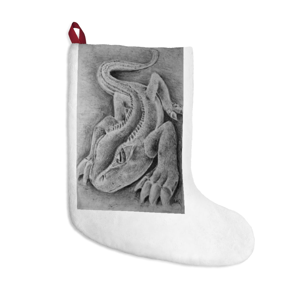 Lizzy the Lizard Christmas Stockings hanging by a fireplace, featuring vibrant colors and a personalized design.