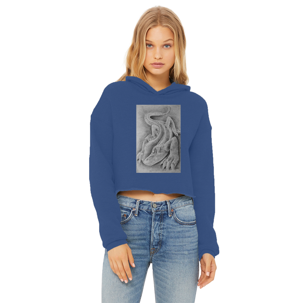 Lizzy the Lizard Ladies Cropped Raw Edge Hoodie in various colors, showcasing its stylish design and soft fabric.