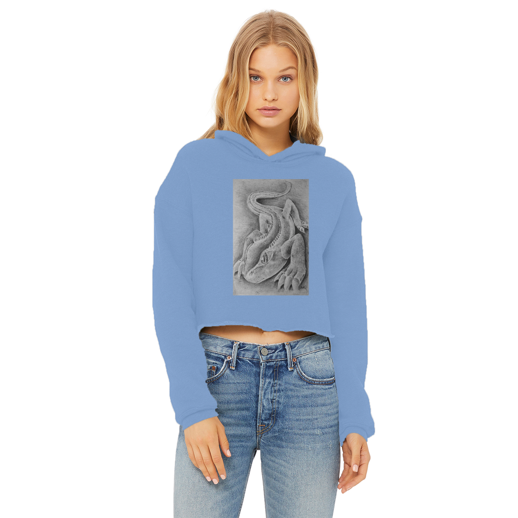 Lizzy the Lizard Ladies Cropped Raw Edge Hoodie in various colors, showcasing its stylish design and soft fabric.