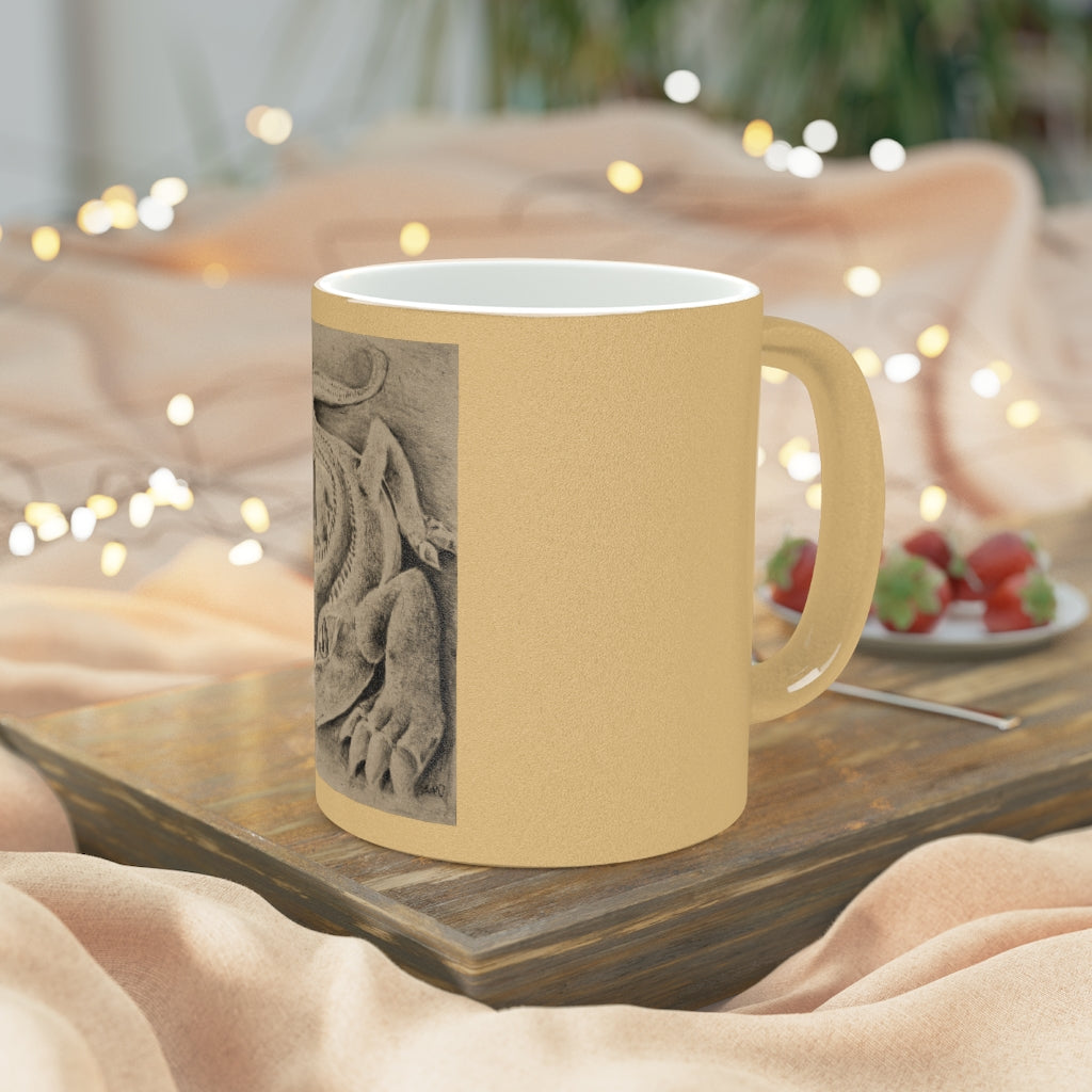 Lizzy the Lizard Metallic Mug in Gold and Silver finishes, showcasing personalized designs and a comfortable C-handle.