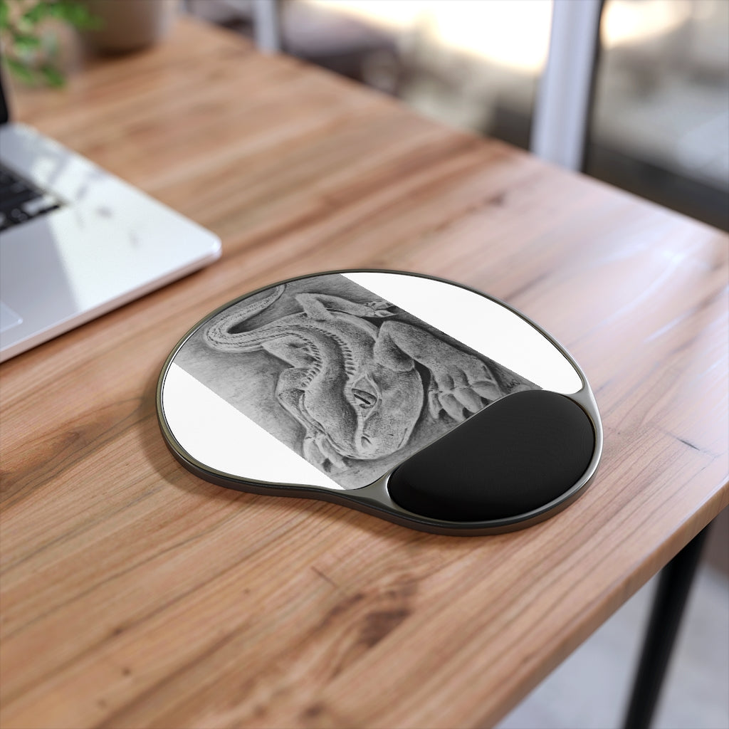 Lizzy the Lizard Mouse Pad featuring ergonomic wrist rest and unique foot-shaped design, perfect for enhancing workspace comfort.