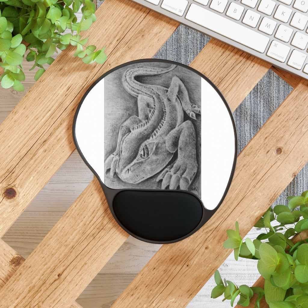 Lizzy the Lizard Mouse Pad featuring ergonomic wrist rest and unique foot-shaped design, perfect for enhancing workspace comfort.