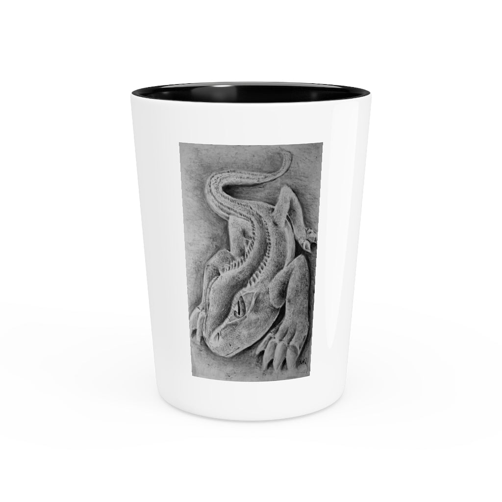 Personalized Lizzy the Lizard shot glass with white ceramic finish and customizable design.