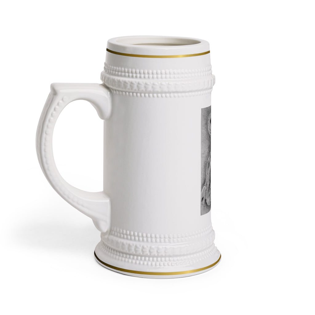 Lizzy the Lizard Stein Mug featuring a ribbed design, made of durable white ceramic, perfect for custom artwork.