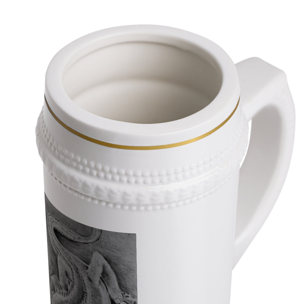 Lizzy the Lizard Stein Mug featuring a ribbed design, made of durable white ceramic, perfect for custom artwork.