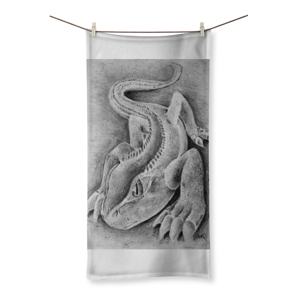 Lizzy the Lizard Sublimation All Over Towel featuring vibrant lizard design on polyester front and soft cotton back, available in multiple sizes.