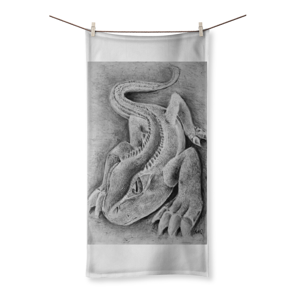 Lizzy the Lizard Sublimation All Over Towel featuring vibrant lizard design on polyester front and soft cotton back, available in multiple sizes.