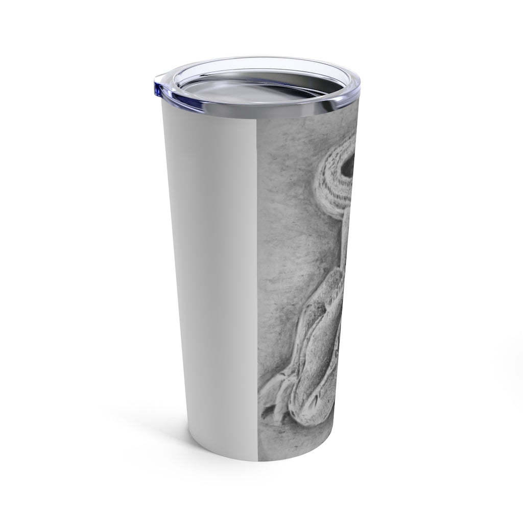 Lizzy the Lizard Tumbler 20oz featuring a vibrant lizard design, stainless steel body, and a clear plastic lid.